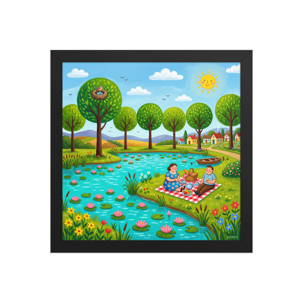 'Lakeside Picnic', a Naive art wall art print. Whimsical naive art print of a couple on a picnic blanket by a pond filled with water lilies, ideal for a nursery wall.