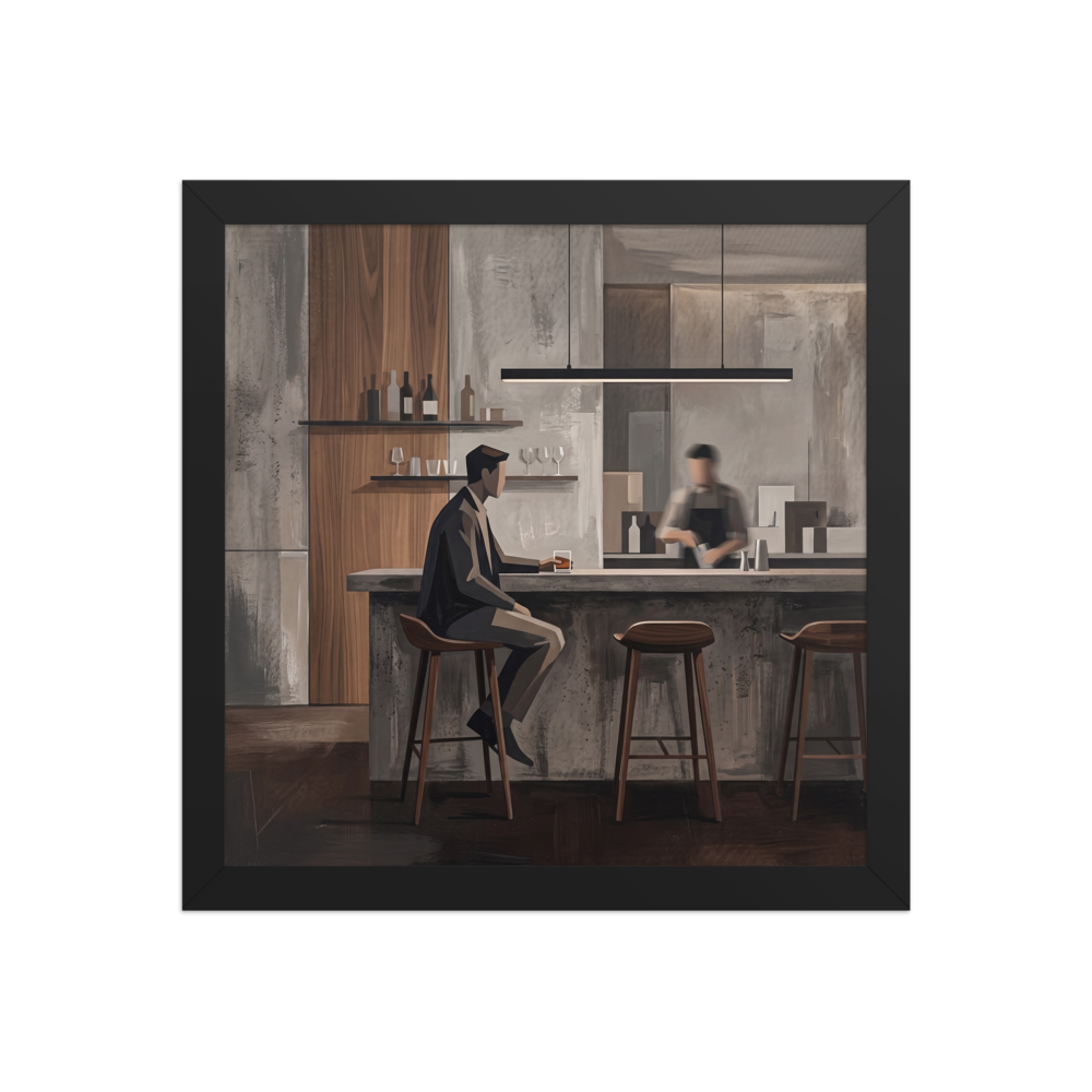 Modernism wall art for the cigar lounge / speakeasy, 'Solitude at the Concrete Bar'. A Modernism oil painting depicting a gentleman sitting at a moody cocktail counter, perfect for a Cigar Lounge / Speakeasy.