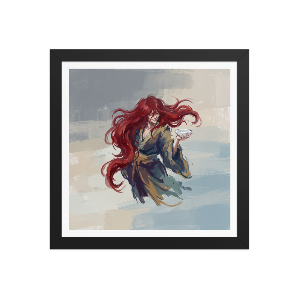 Digital oil painting of Japanese Shojo sea spirit with crimson hair holding a sake bowl for a dining room or home bar wall. A Expressionism art print titled 'Shojo Sake Offering'.