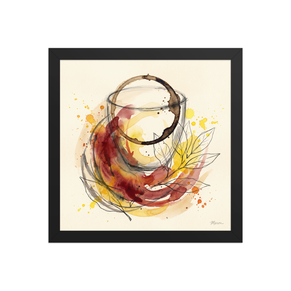 Watercolor illustration of a coffee stain ring, wine swirls, and botanical line art styled in a dining room. A nostalgia piece titled 'Notes of Cabernet'.
