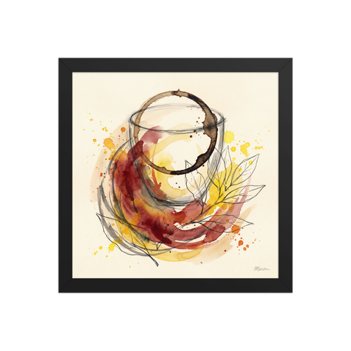 Watercolor illustration of a coffee stain ring, wine swirls, and botanical line art styled in a dining room. A nostalgia piece titled 'Notes of Cabernet'.