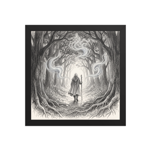 The Symbolism print 'Whispers of the Ancient Forest'. A monochrome graphite pencil sketch of a hooded wizard walking into a misty forest archway in a Bedroom decor setting.