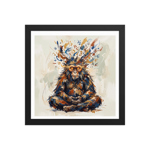 'Enlightened Monkey Sage', a Expressionism wall art print. Expressive oil painting of a meditative Monkey King in lotus pose with glowing golden eyes and calligraphy aura for a meditation room or office.