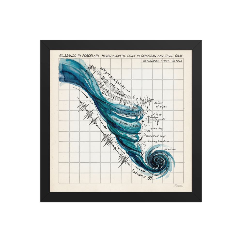 'Glissando in Porcelain', part of Meron's Conceptual art wall art. A humorous conceptual art print charting musical notations and teal plumbing turbulence on a grid, suited for a bathroom.