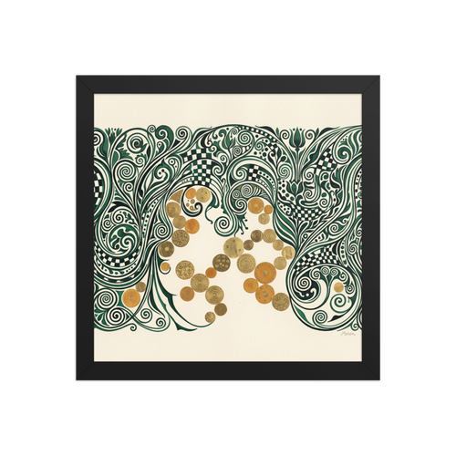 A elegant scene in dark green and gold, 'The Gilded Arbor'. An intricate Art Nouveau arch of dark green vines and shimmering gold medallions, perfectly styled for an elegant living room.