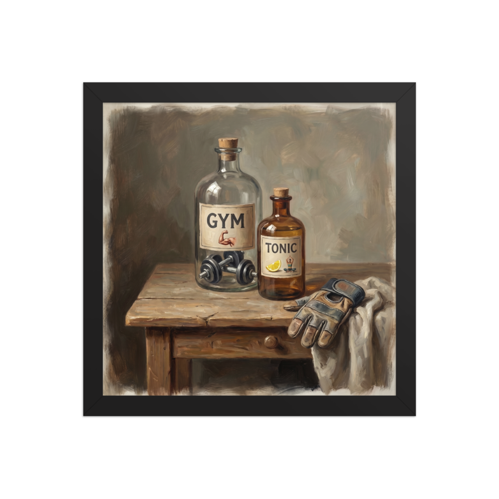Academic art wall art exploring food & drinks, 'Gym and Tonic'. A classical still life oil painting of apothecary bottles labeled Gym and Tonic on a rustic table, ideal home gym wall art.