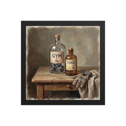Academic art wall art exploring food & drinks, 'Gym and Tonic'. A classical still life oil painting of apothecary bottles labeled Gym and Tonic on a rustic table, ideal home gym wall art.
