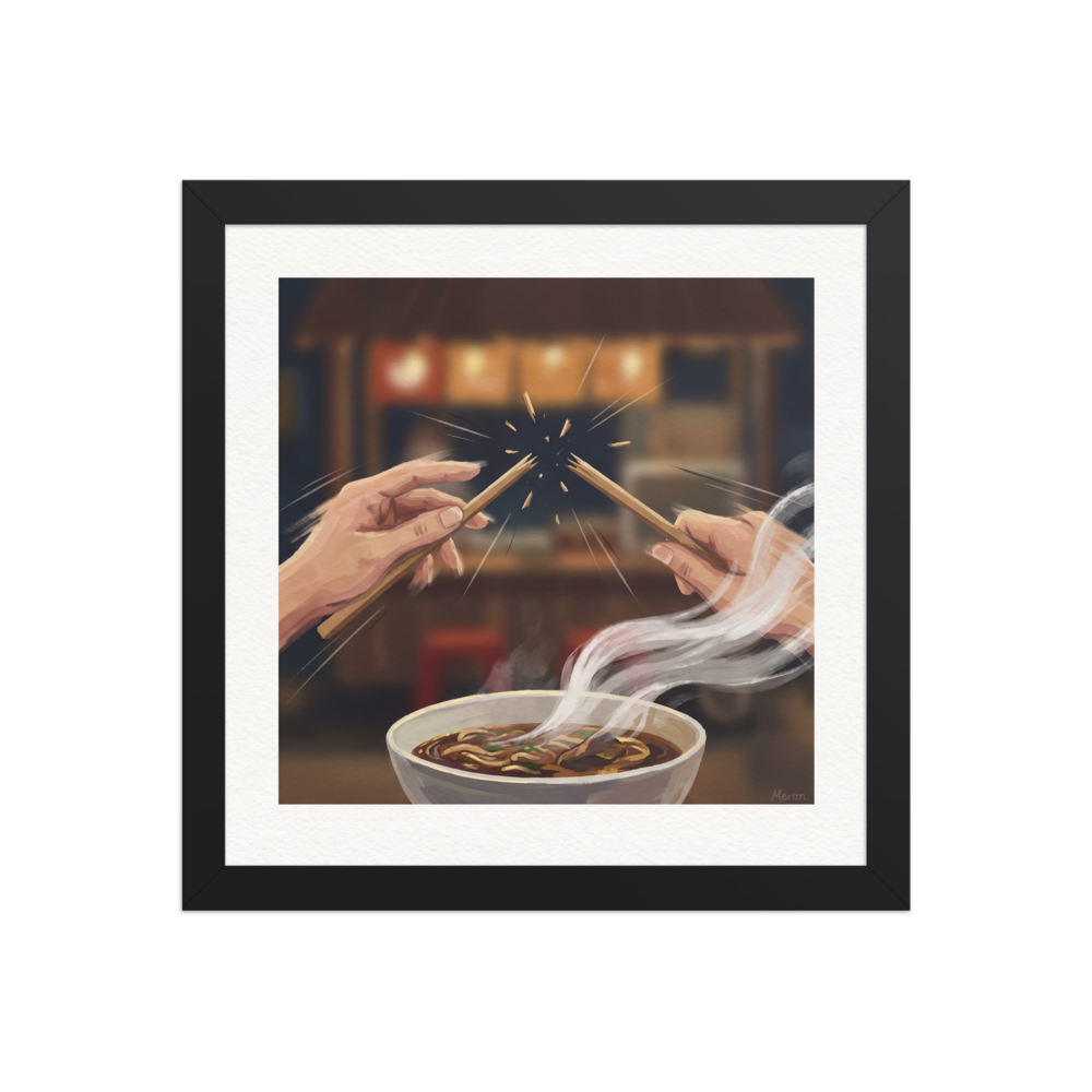 Hands snapping chopsticks in half above a steaming bowl of Japanese ramen noodles in a cozy kitchen. 'The Chopstick Snap', a Digital art print for the wall.