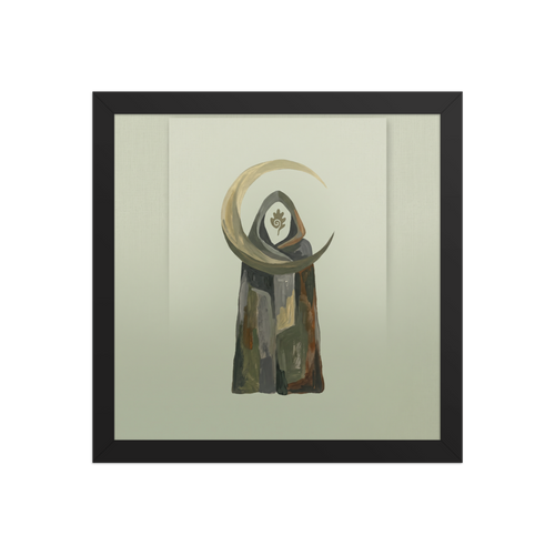 'The Druid Moon', a Folk art wall art print. Minimalist earthy painting of a hooded druid beneath a golden crescent moon, perfect for a meditation room wall.
