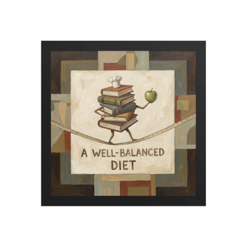 The Surrealism print 'A Well-Balanced Diet'. A humorous oil painting of stacked cookbooks holding a green apple while tightrope walking across a measuring tape in a modern kitchen.