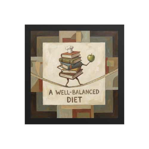 The Surrealism print 'A Well-Balanced Diet'. A humorous oil painting of stacked cookbooks holding a green apple while tightrope walking across a measuring tape in a modern kitchen.