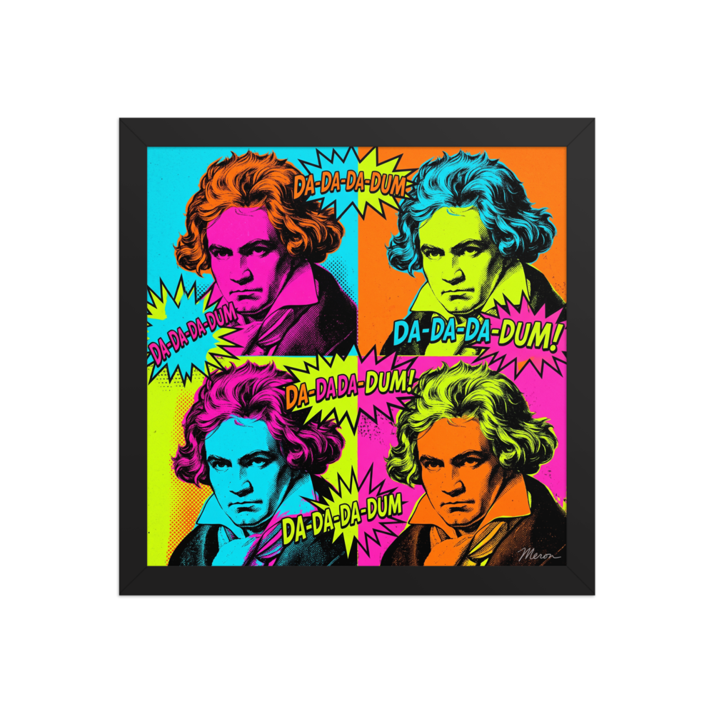 A lively pop art portrait of Beethoven in four colorful quadrants with comic burst bubbles, perfect for an eclectic music studio. Available as the Pop art art print 'Beethoven in Technicolor'.