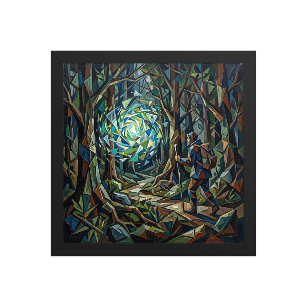 A Cubist painting of a traveler with a walking stick encountering a glowing geometric portal in a dark forest, ideal for Office wall decor. A Cubism print with a oil painting look, titled 'The Wanderer's Portal'.