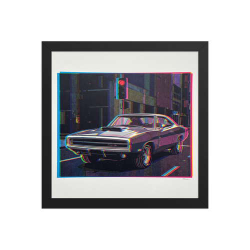 'Chromatic Charger at Midnight'. Vivid chromatic aberration portrait of a classic muscle car parked under a red city traffic light, ideal for garage or man cave decor. Offered as a Pop art print.