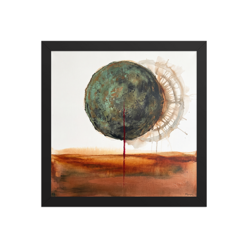 'Orb of Verdigris'. Surreal abstract print of a textured green orb and crimson drip above a sienna desert horizon in a modern office. Offered as a Surrealism print.