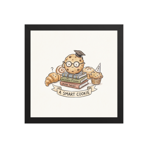 'A Smart Cookie', a Naive art wall art print. A whimsical watercolor illustration of a smart chocolate chip cookie sitting on textbooks in a charming kitchen setting.
