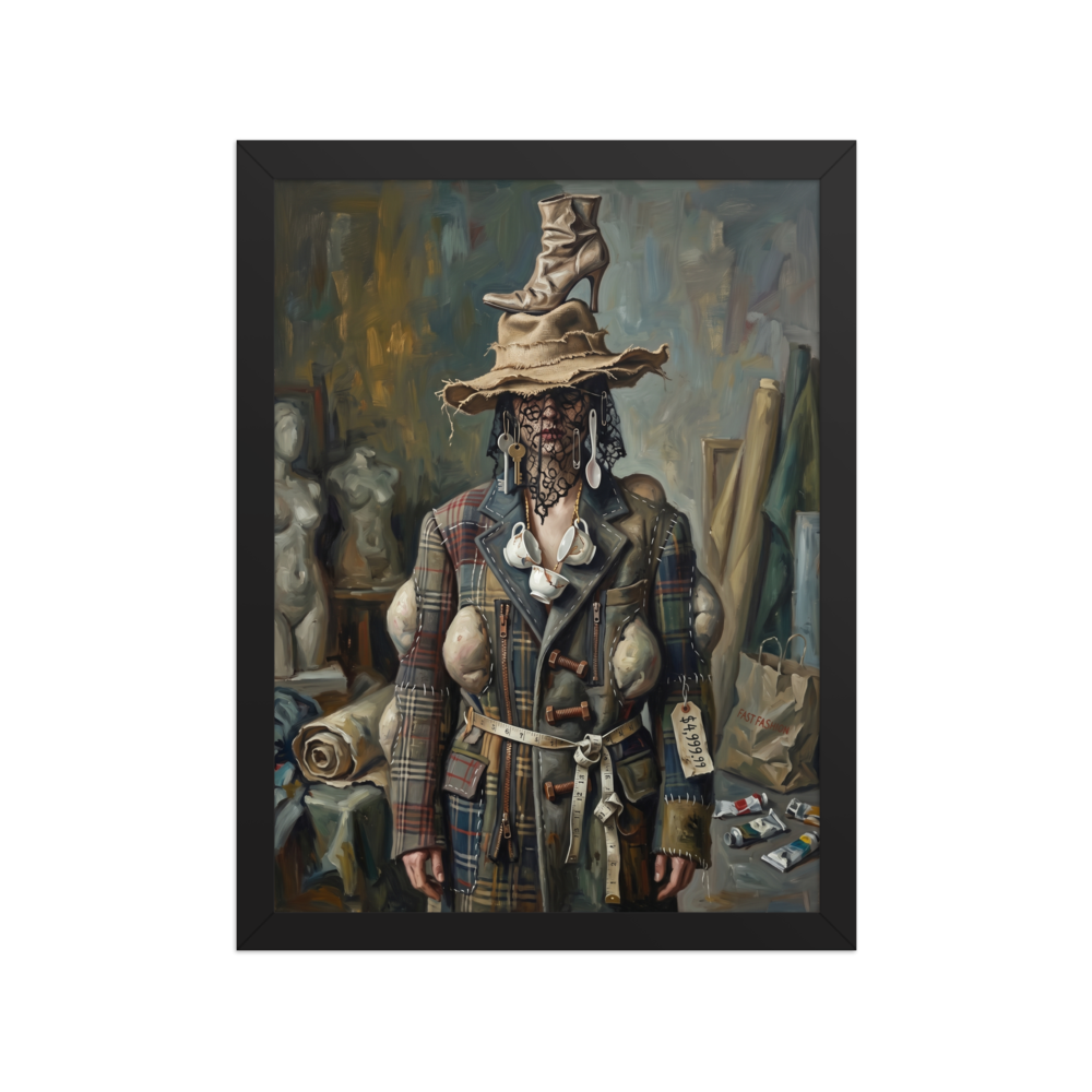 A surreal portrait of a figure obscured by an overwhelming collage of mismatched fabrics, teacups, spoons, and a large price tag.