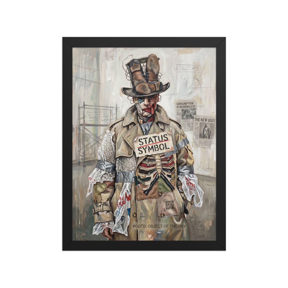 A painting of a figure wearing a trench coat constructed from bubble wrap, plastic bags, and duct tape, with a hat made of stacked shoes and a sign reading 'Status Symbol'.