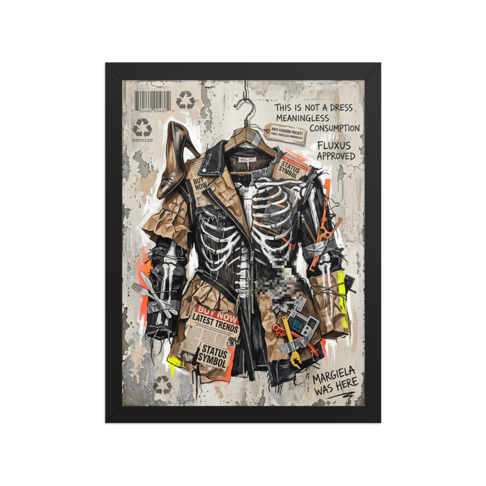 A grungy mixed media collage featuring a deconstructed jacket with painted skeletal bones, attached random objects like a high heel and cutlery, and text slogans critiquing consumerism and fast fashion.