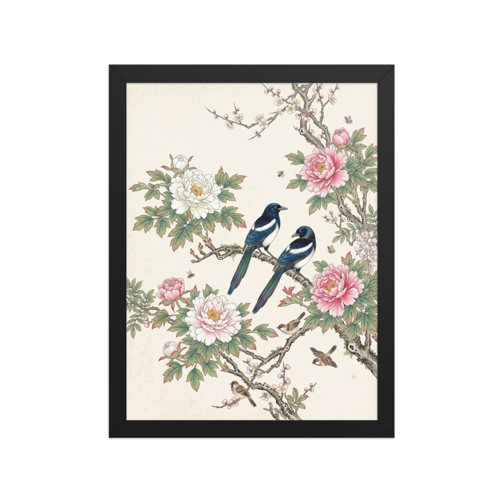 A traditional Chinese Gongbi painting featuring two blue and black magpies perched on a branch surrounded by large pink and white peony blossoms, plum flowers, and small birds on a beige background.