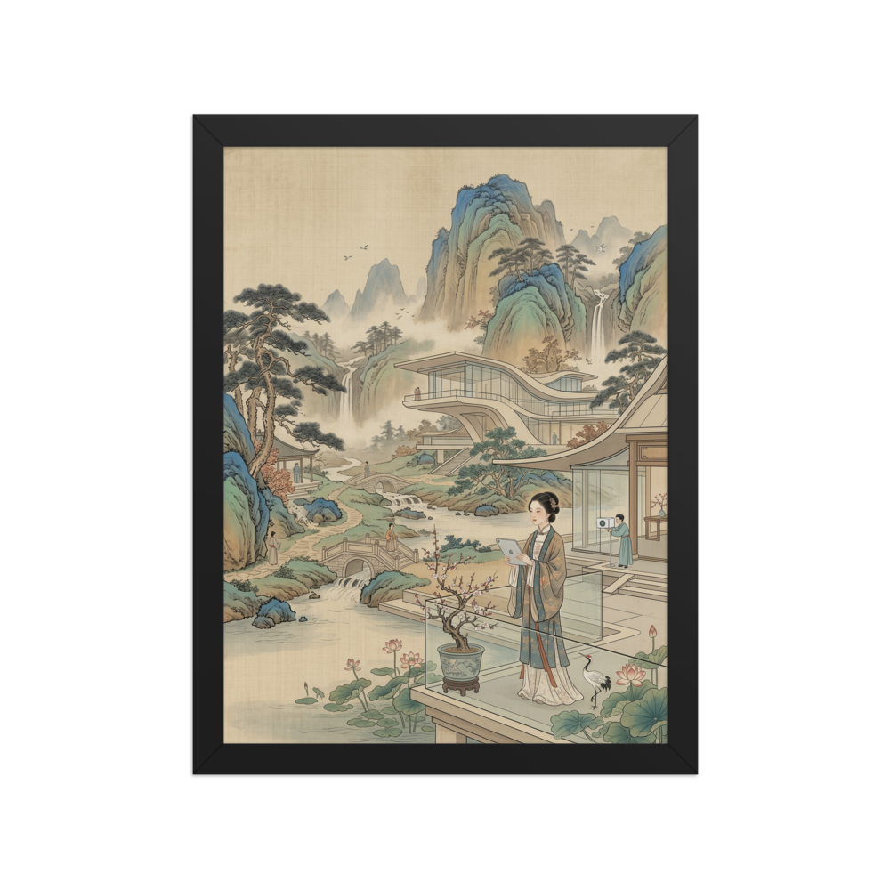 A traditional Chinese style painting blending classic mountain landscapes and pine trees with futuristic glass architecture and figures using modern technology.