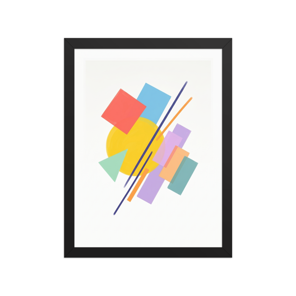 An abstract artwork featuring a bright yellow circle layered with colorful geometric shapes like squares, triangles, and intersecting diagonal lines on a white background.