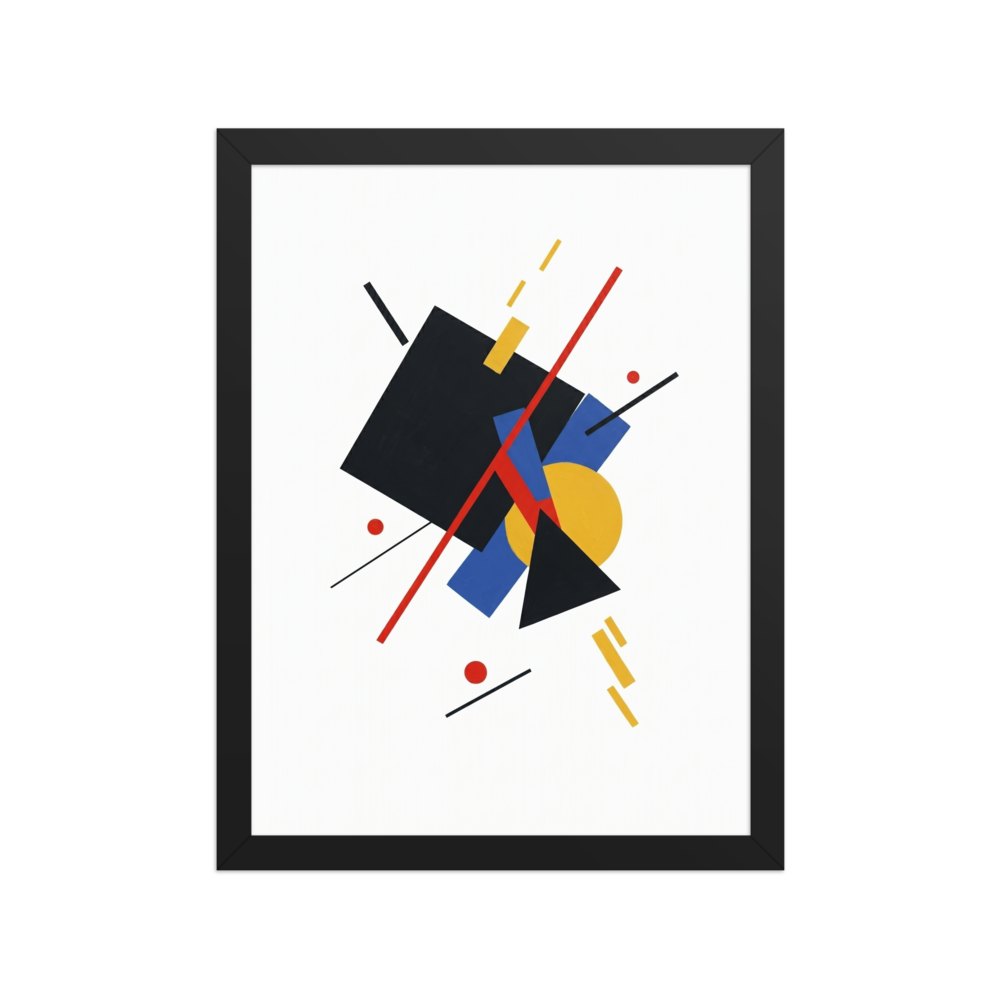 An abstract composition featuring a large black square, a yellow circle, blue rectangles, and intersecting red and black diagonal lines floating on a white background.