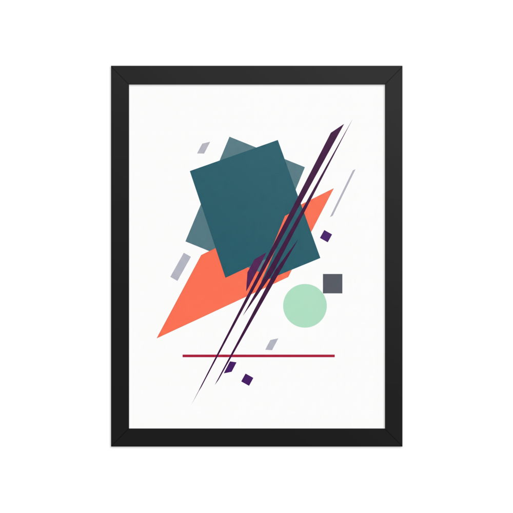 An abstract geometric artwork featuring overlapping teal rectangles, a bright orange triangle, ascending dark diagonal lines, and a mint green circle on a white background.