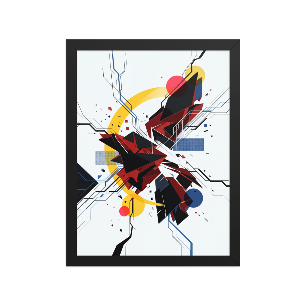 Abstract geometric art featuring black and red 3D shapes bursting outward, intersected by yellow and blue circles and circuit-like lines on a white background.