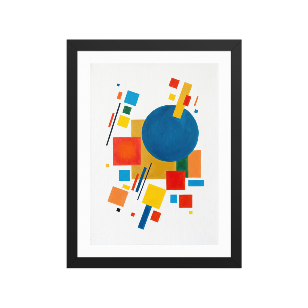 Suprematism style painting with floating geometric shapes like squares, rectangles, and a large blue circle in primary colors on a white canvas.