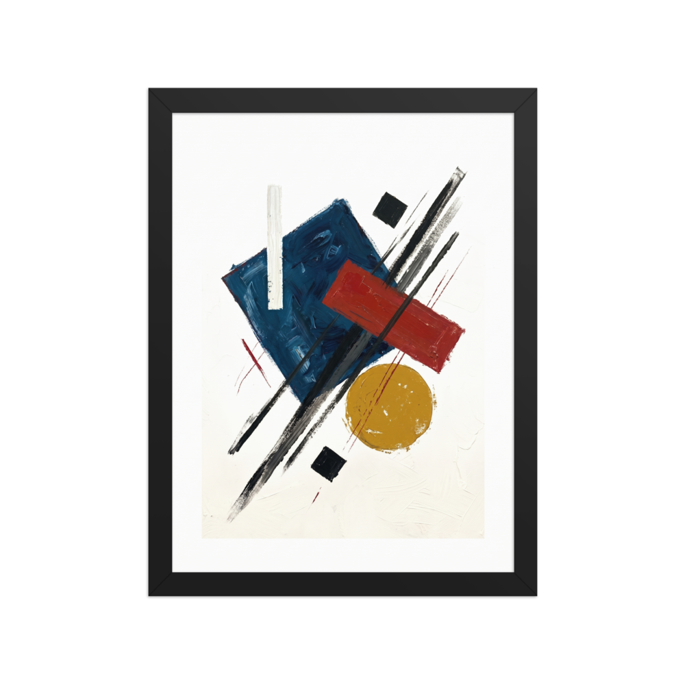 Abstract modern painting featuring textured blue, red, and yellow geometric shapes intersected by bold black diagonal lines on a white background.