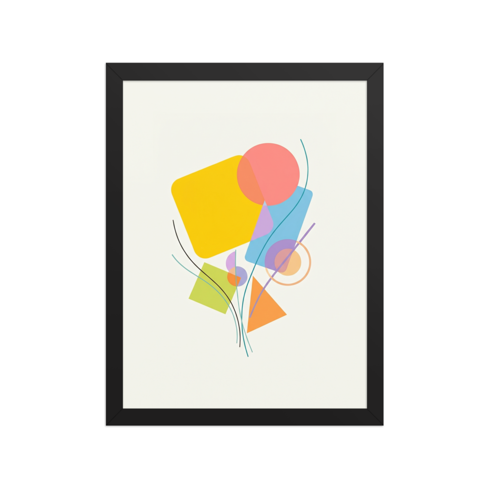 Minimalist abstract art showing translucent geometric shapes in pastel yellow, pink, blue, green, and orange, gathered by thin curved lines on a cream background.