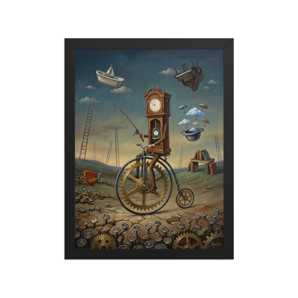 A surreal painting of a figure with a grandfather clock body riding a penny-farthing bicycle made of gears across a ground of typewriter keys, holding a fishing rod, surrounded by a floating piano, bathtub, and ladders.