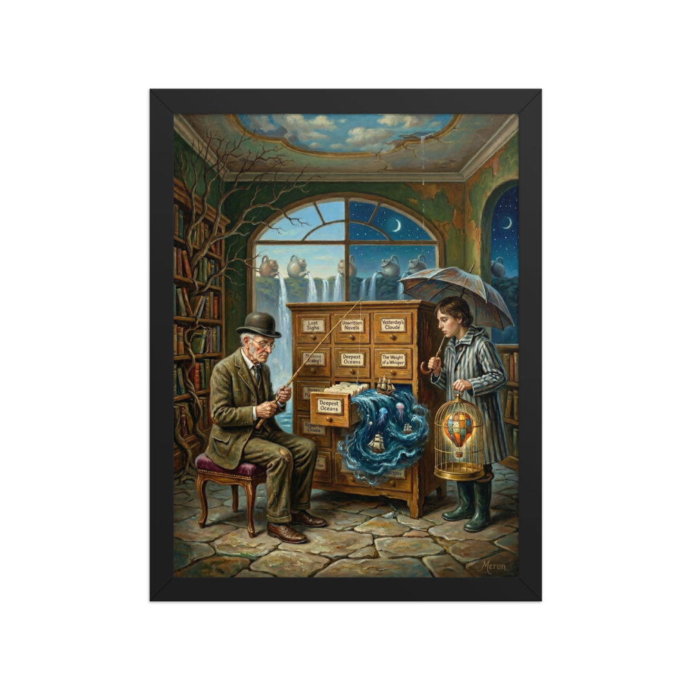 A surreal painting of an old man fishing into a filing cabinet drawer spilling ocean water and ships, accompanied by a person holding an umbrella and a caged hot air balloon, with giant teapots pouring waterfalls outside the window.