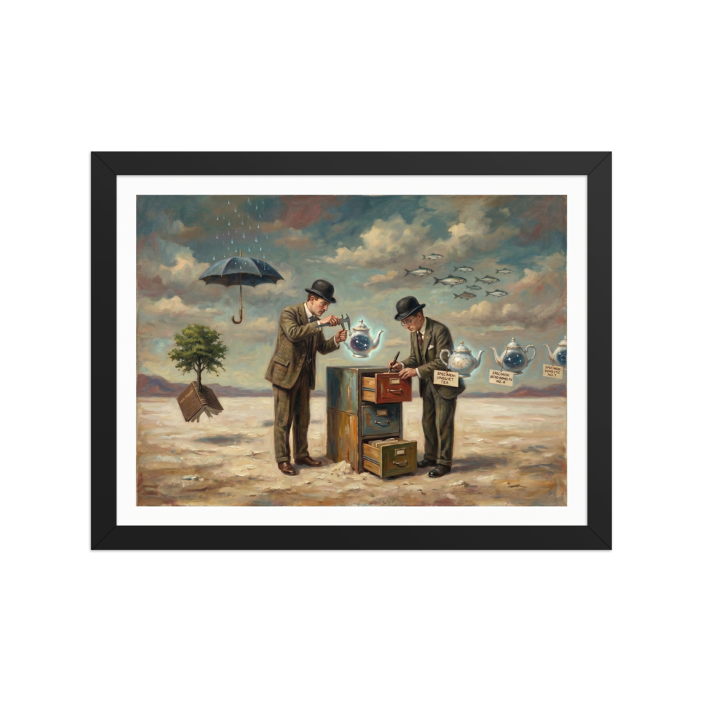 A surrealist painting depicting two men in suits and bowler hats measuring glowing teapots in a desert landscape filled with flying fish and floating objects.