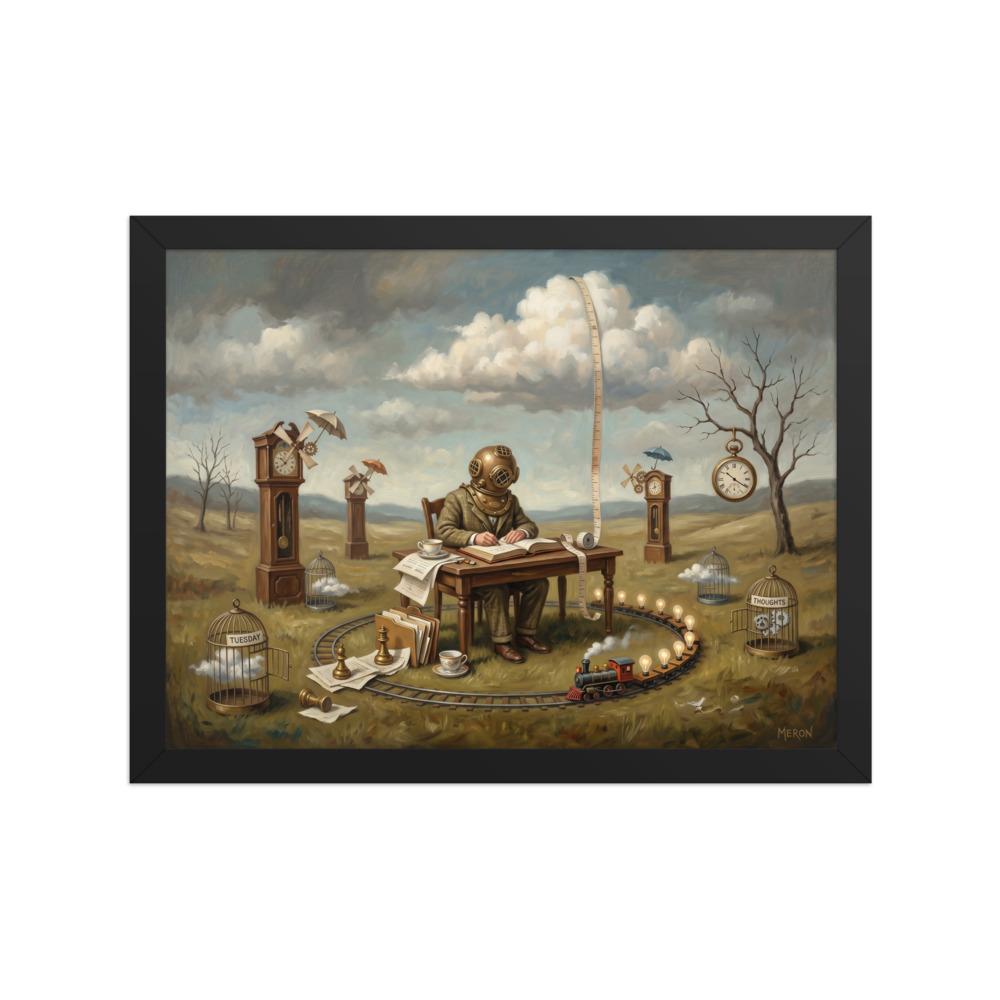 A surrealist painting of a figure in a diver's helmet writing at a desk in a field, surrounded by a lightbulb train, floating clocks, and birdcages holding clouds and thoughts.