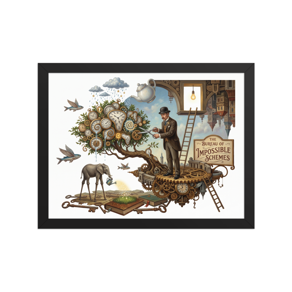 A surreal scene titled 'The Bureau of Impossible Schemes' featuring a man trimming a tree of clocks, an elephant with long legs watering a book, flying fish, and floating architectural elements.