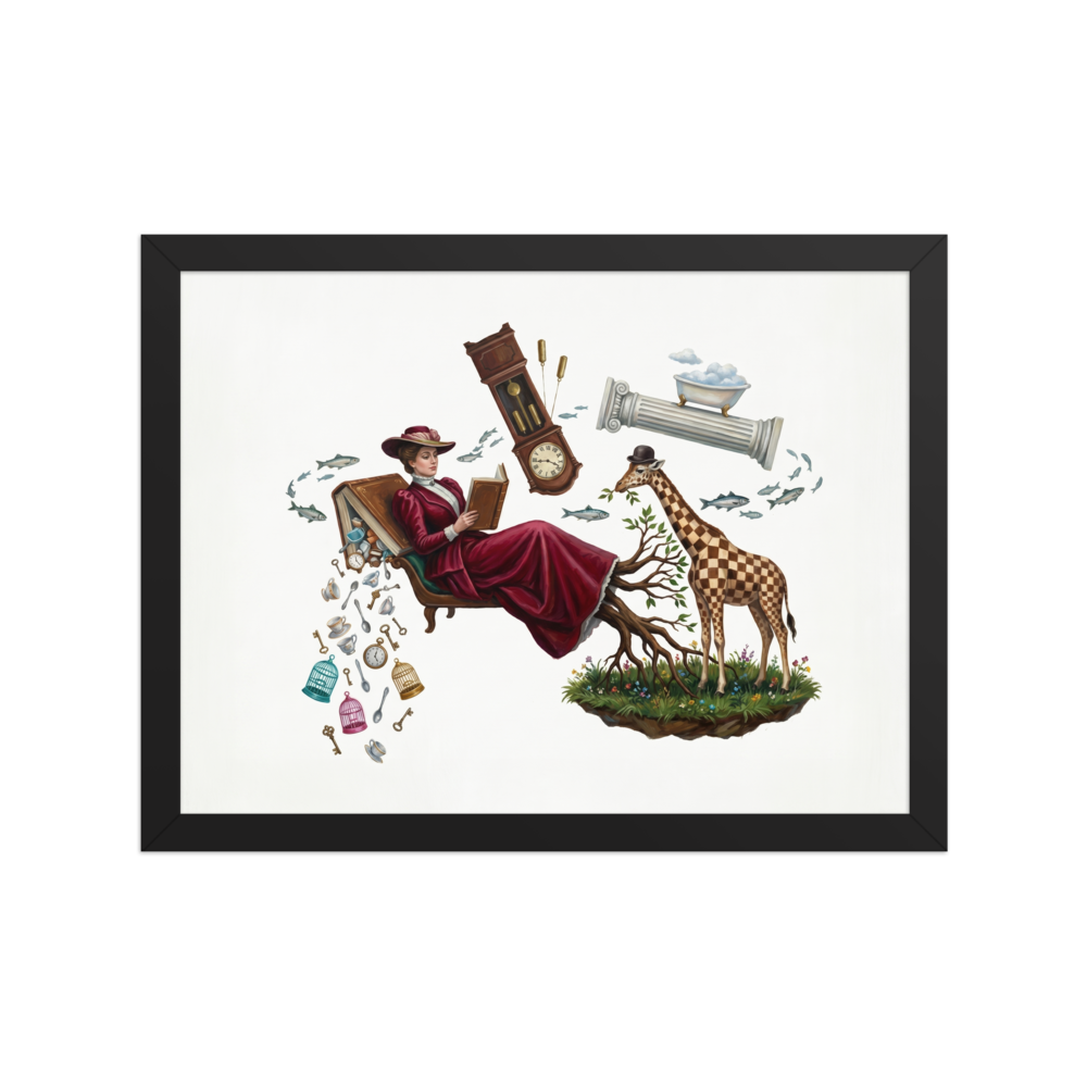 A surreal painting of a woman in a red dress reading, with a giant book spilling objects, a checkerboard giraffe with a bowler hat, floating fish, and a bathtub on a pillar.