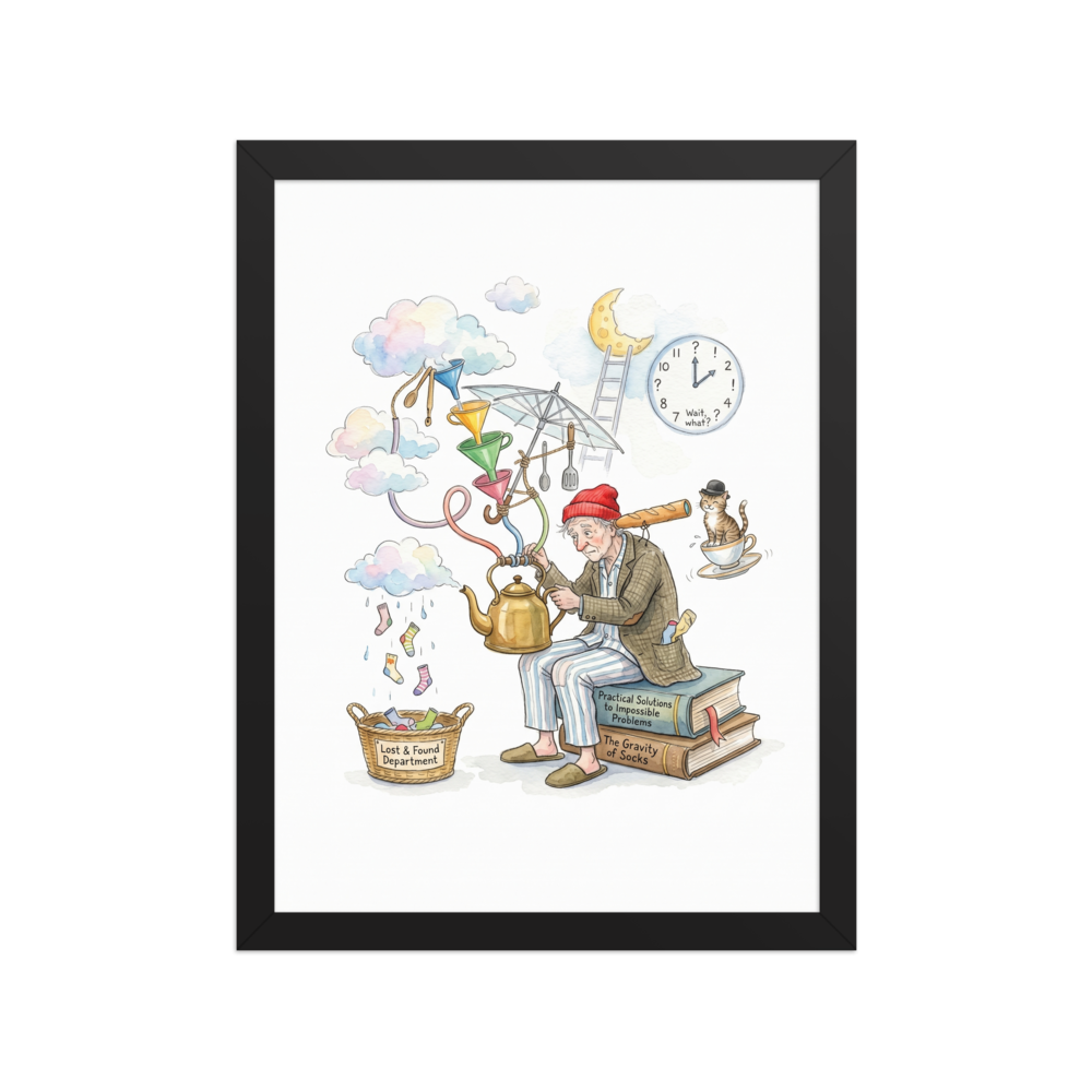 A whimsical watercolor illustration of an old man in pajamas sitting on giant books, operating a teapot machine that catches socks falling from a rain cloud.