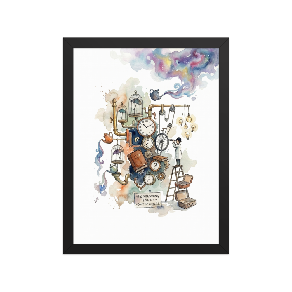 A watercolor illustration of a complex, nonsensical machine made of clocks, pipes, and birdcages, with a sign reading 'The Reasoning Engine (Out of Order)'.