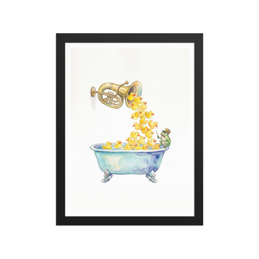 A whimsical watercolor illustration of a frog conducting a stream of rubber ducks falling from a brass horn into a bathtub with winged sneakers.