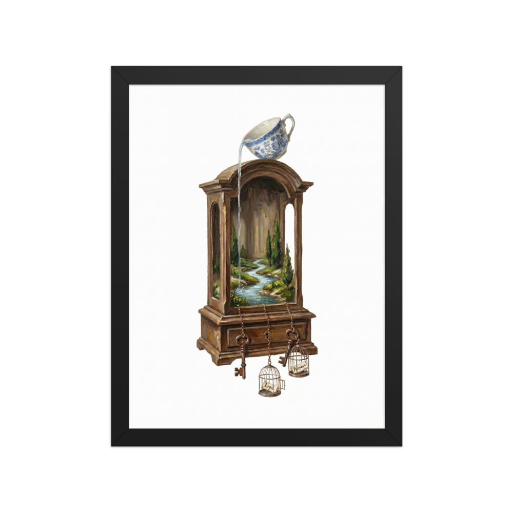 A surreal painting of a wooden cabinet containing a miniature nature scene with a river, watered by a teacup on top, with keys and birdcages labeled Logic and Purpose hanging below.