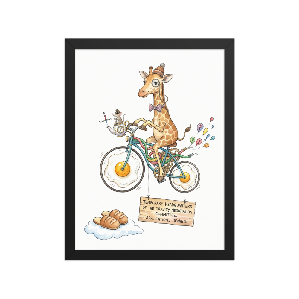 A whimsical illustration of a giraffe riding a bicycle with fried egg wheels, accompanied by a mouse captain in a teapot, with a sign reading Temporary Headquarters of the Gravity Negotiation Committee.