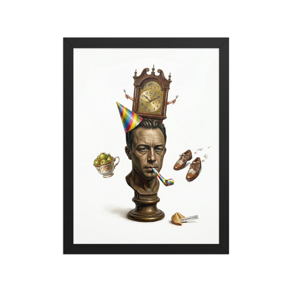A surreal portrait bust of a man wearing a party hat, balancing a clock with arms holding forks on his head, surrounded by floating apples in a teacup and an open fortune cookie reading This sentence is a lie.