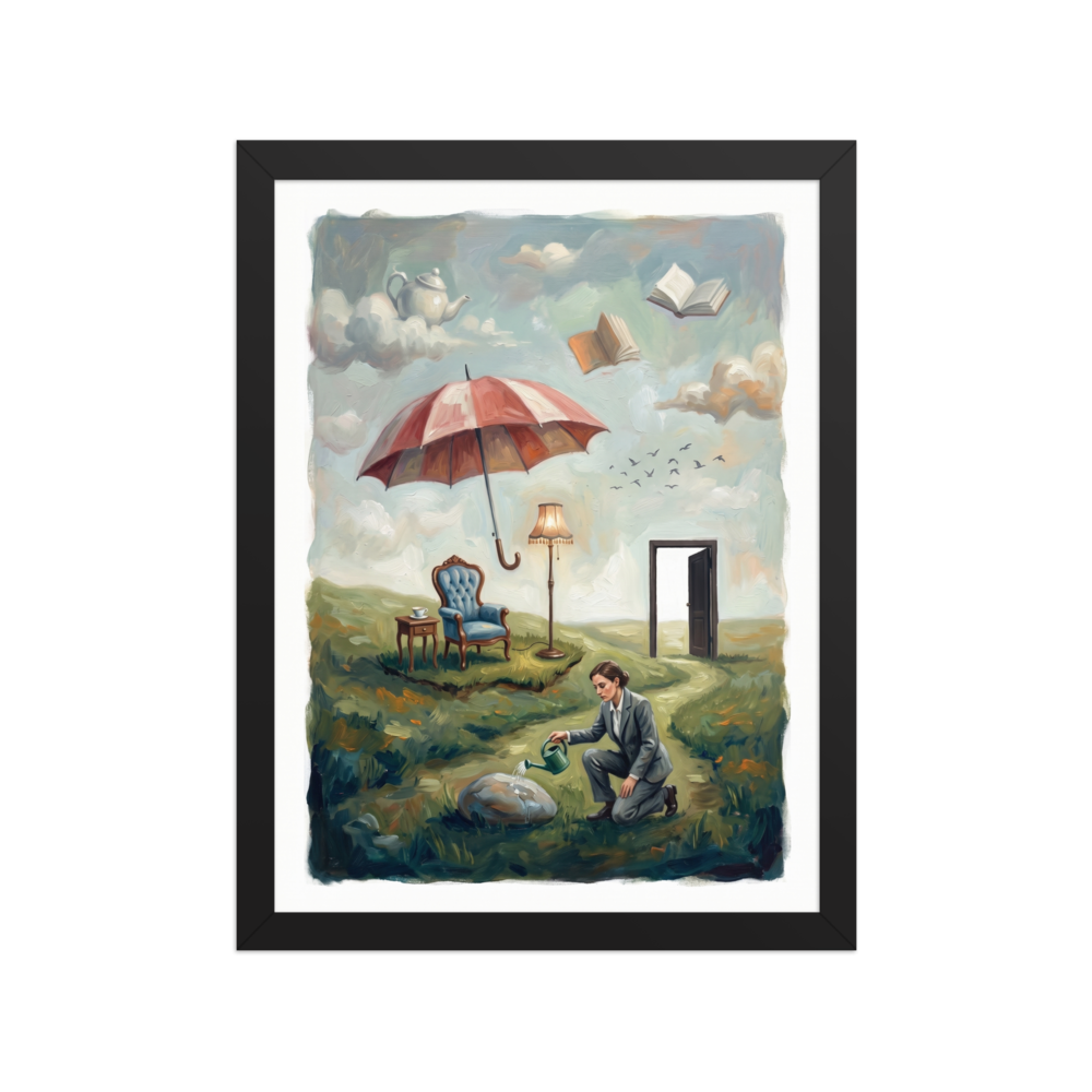A surreal painting of a woman in a suit watering a rock in a field, surrounded by floating objects like an umbrella, armchair, and books, with an open door in the background.