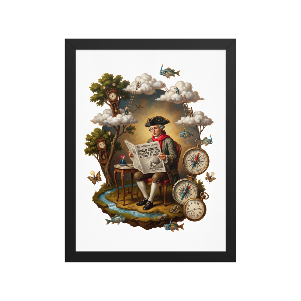 A surreal portrait of an 18th-century gentleman calmly reading a newspaper titled The Indifferent Gazette while surrounded by floating clocks, compasses questioning meaning, and scuba-diving fish.