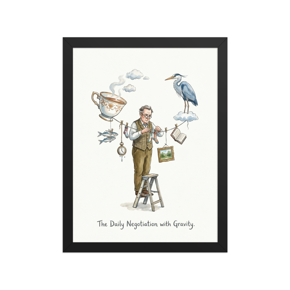 A watercolor painting of a man on a stepladder hanging items like a teacup, fish, a melting pocket watch, and a heron standing on a cloud from a clothesline, with text reading 'The Daily Negotiation with Gravity'.