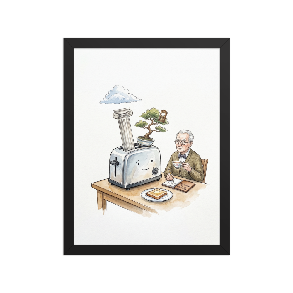 A watercolor illustration of an older man drinking tea and writing in a notebook next to a smiling toaster that has a classical column and a bonsai tree popping out of it.