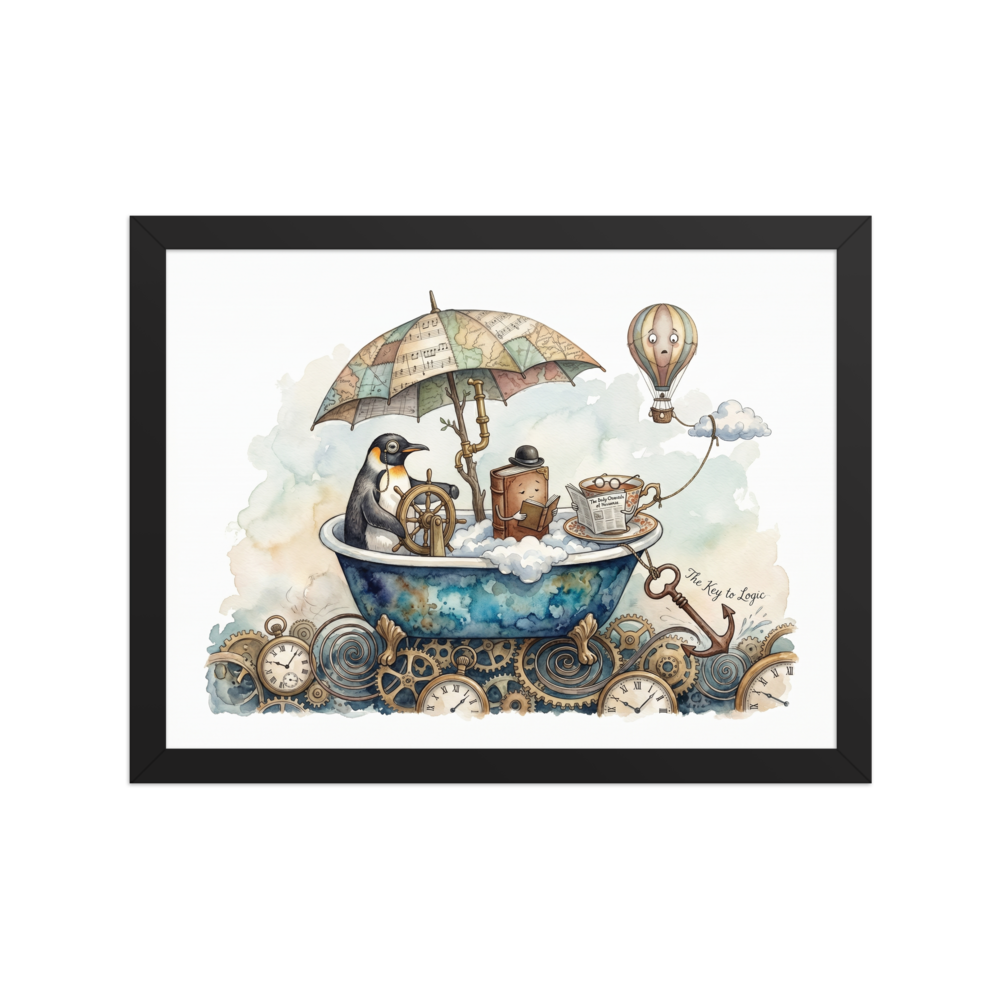 A surreal watercolor illustration of a penguin steering a bathtub boat with a book and teacup, floating above clocks and gears.