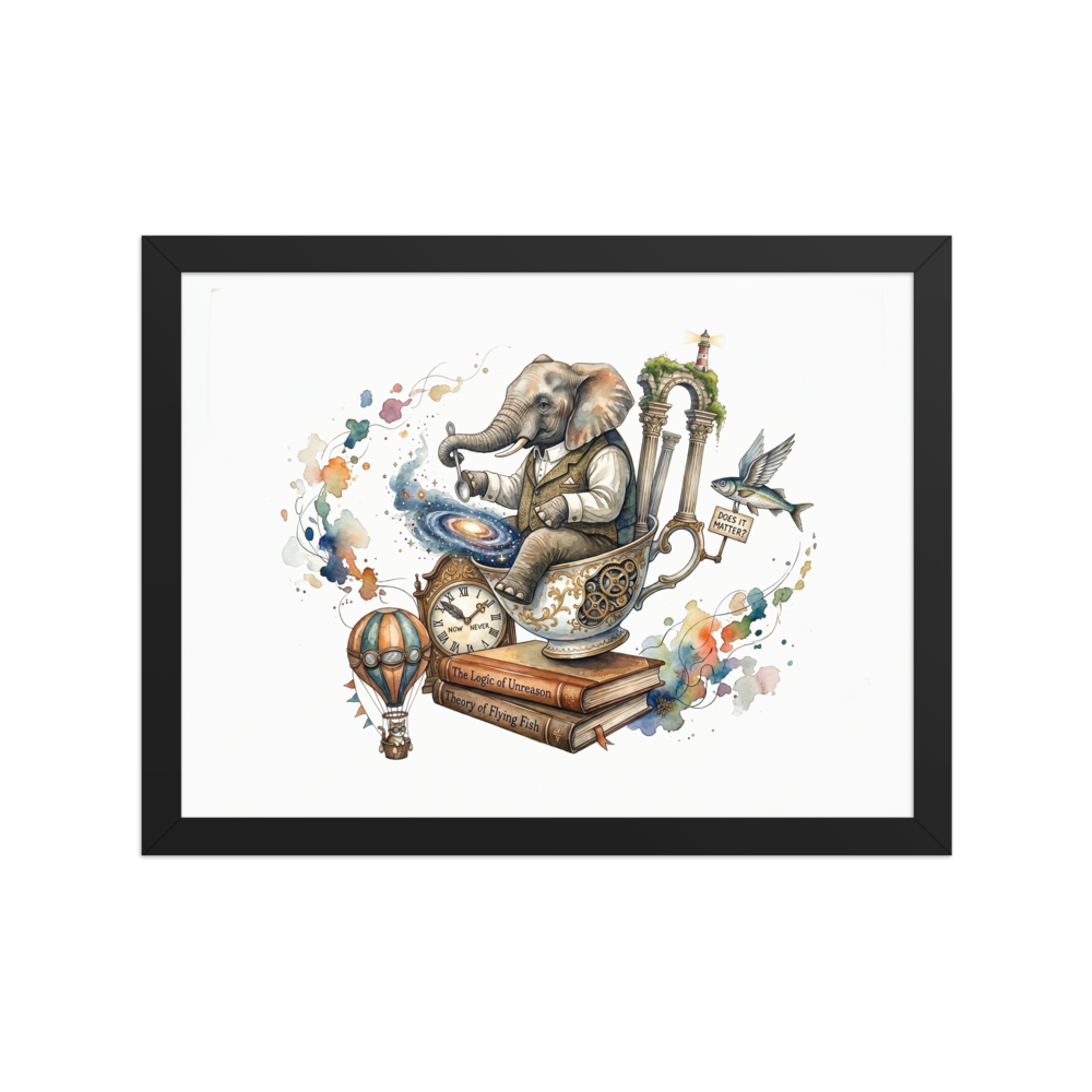 A surreal watercolor illustration of an elephant in a teacup stirring a galaxy, sitting on books with a flying fish holding a sign.
